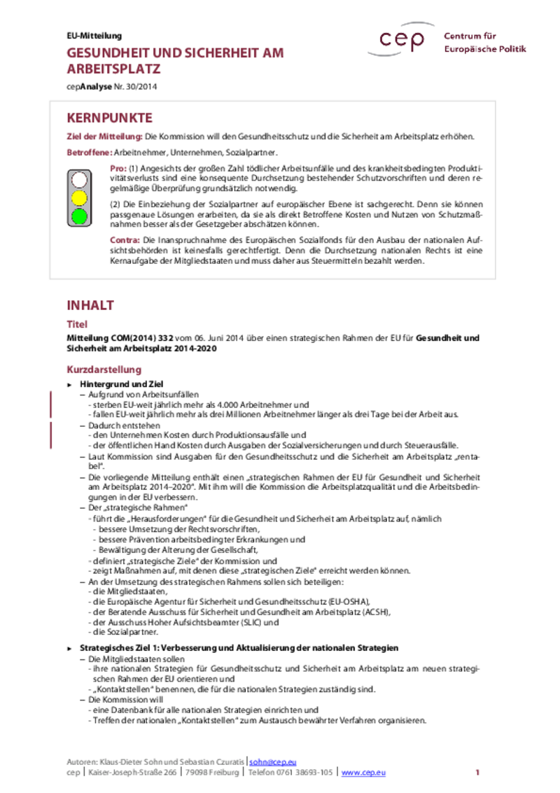 Gesundheit und Sicherheit am Arbeitsplatz COM(2014) 332