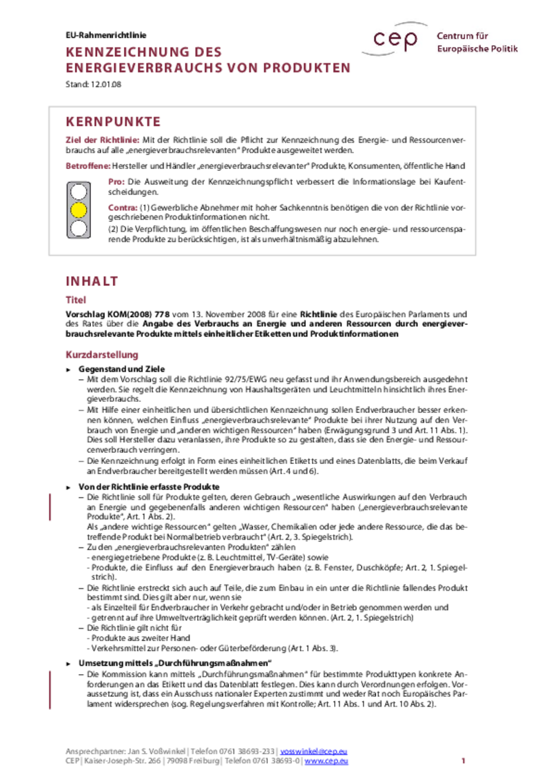 Kennzeichnung des Energieverbrauchs von Produkten KOM(2008) 778