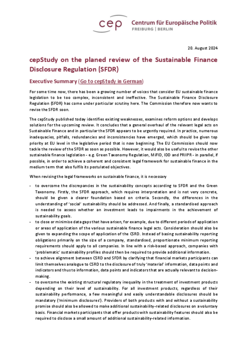 cepStudy on the planed review of the Sustainable Finance Disclosure Regulation (SFDR)