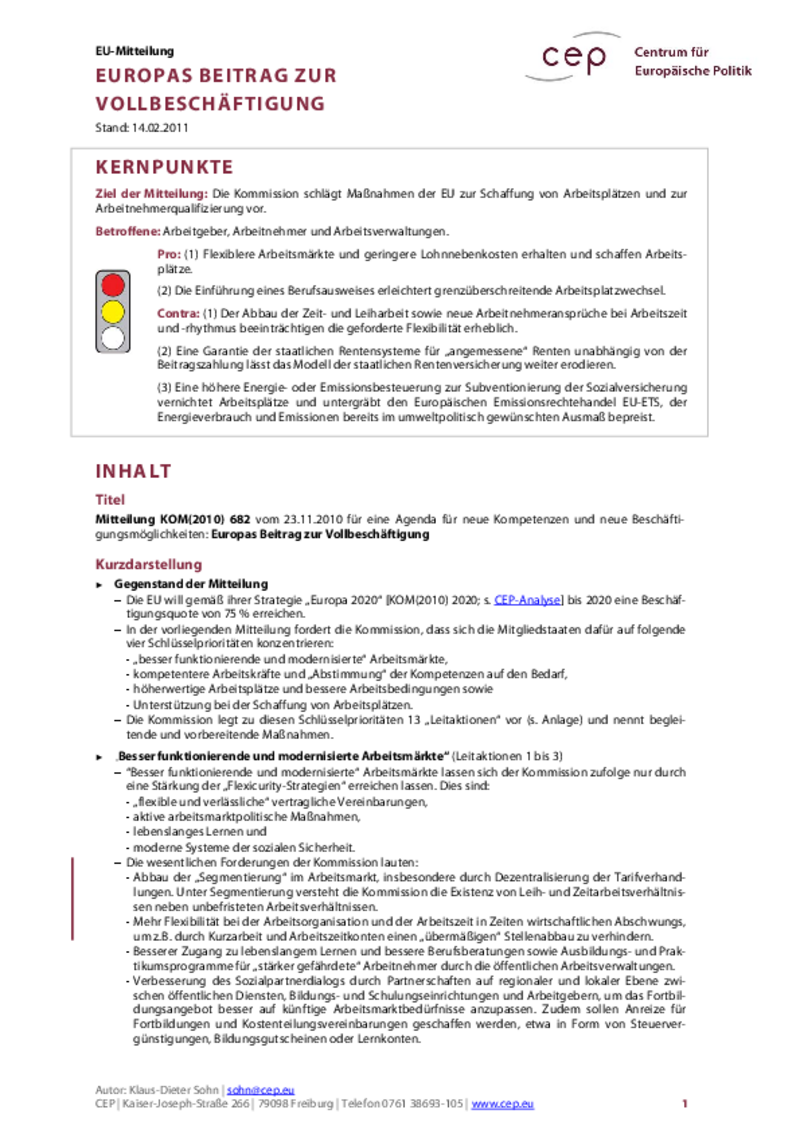 Europas Beitrag zur Vollbeschäftigung KOM(2010) 682