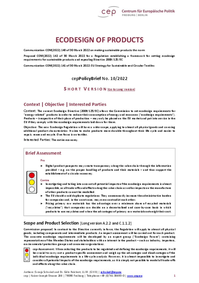 Ecodesign for Products (cepPolicyBrief COM(2022) 140) Short Version