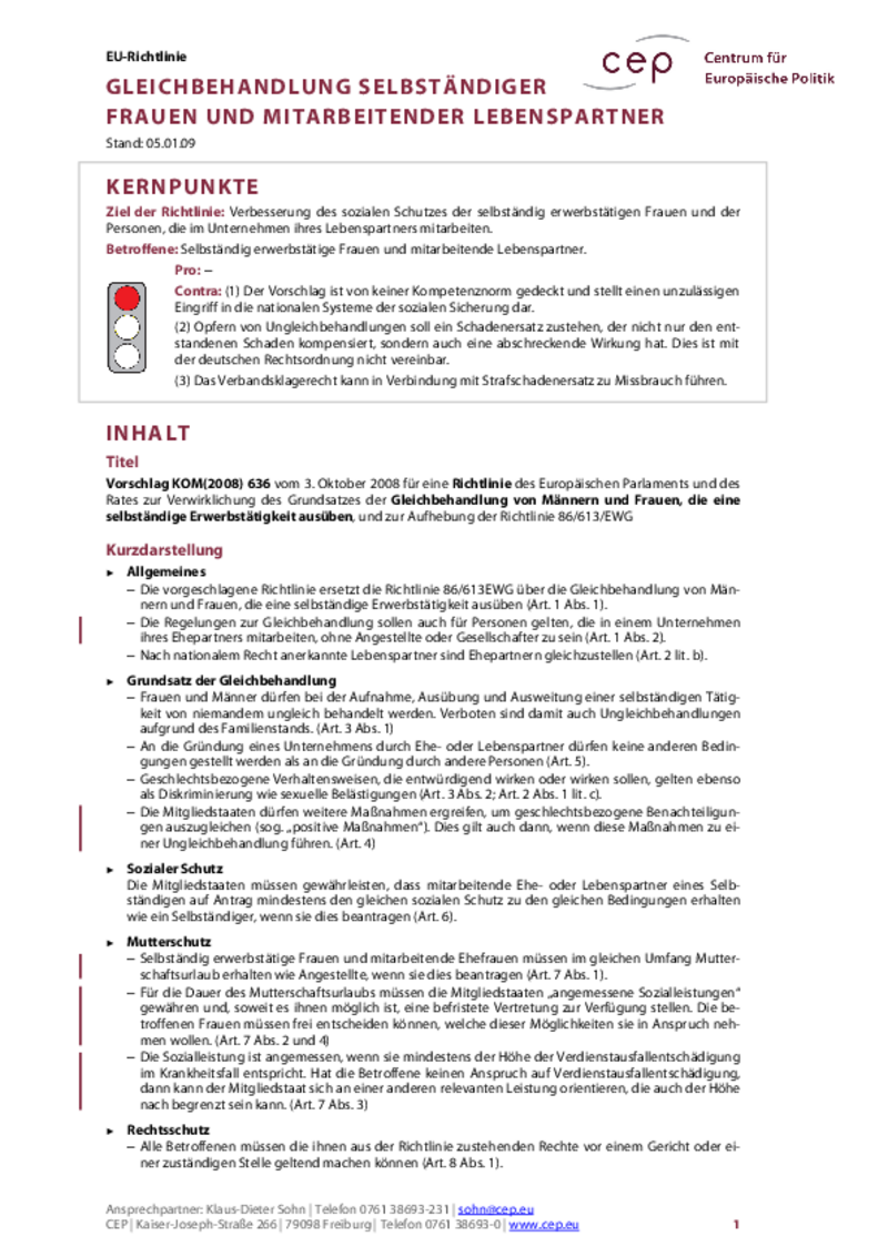 Gleichbehandlung selbständiger Frauen und mitarbeitender Lebenspartner KOM(2008) 636