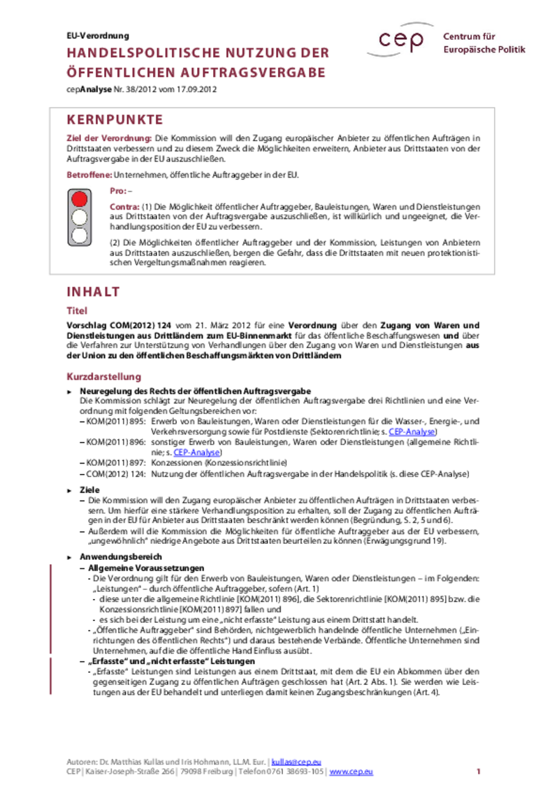 Handelspolitische Nutzung der öffentlichen Auftragsvergabe COM(2012) 124