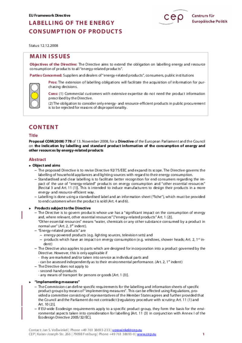 Labelling the Energy Consumption of Products COM(2008) 778