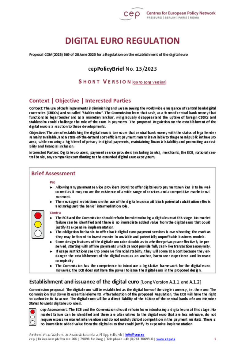 Digital Euro Regulation (cepPolicyBrief Short Version)