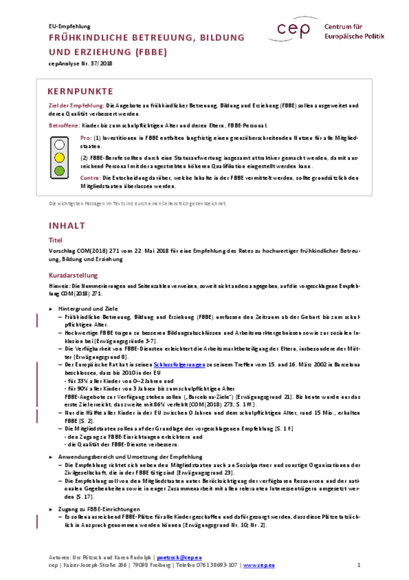 Frühkindliche Betreuung, Bildung und Erziehung COM(2018) 271
