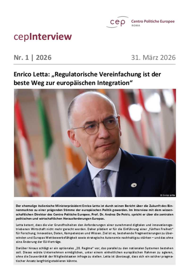 Enrico Letta: „Regulatorische Vereinfachung ist der beste Weg zur europäischen Integration"