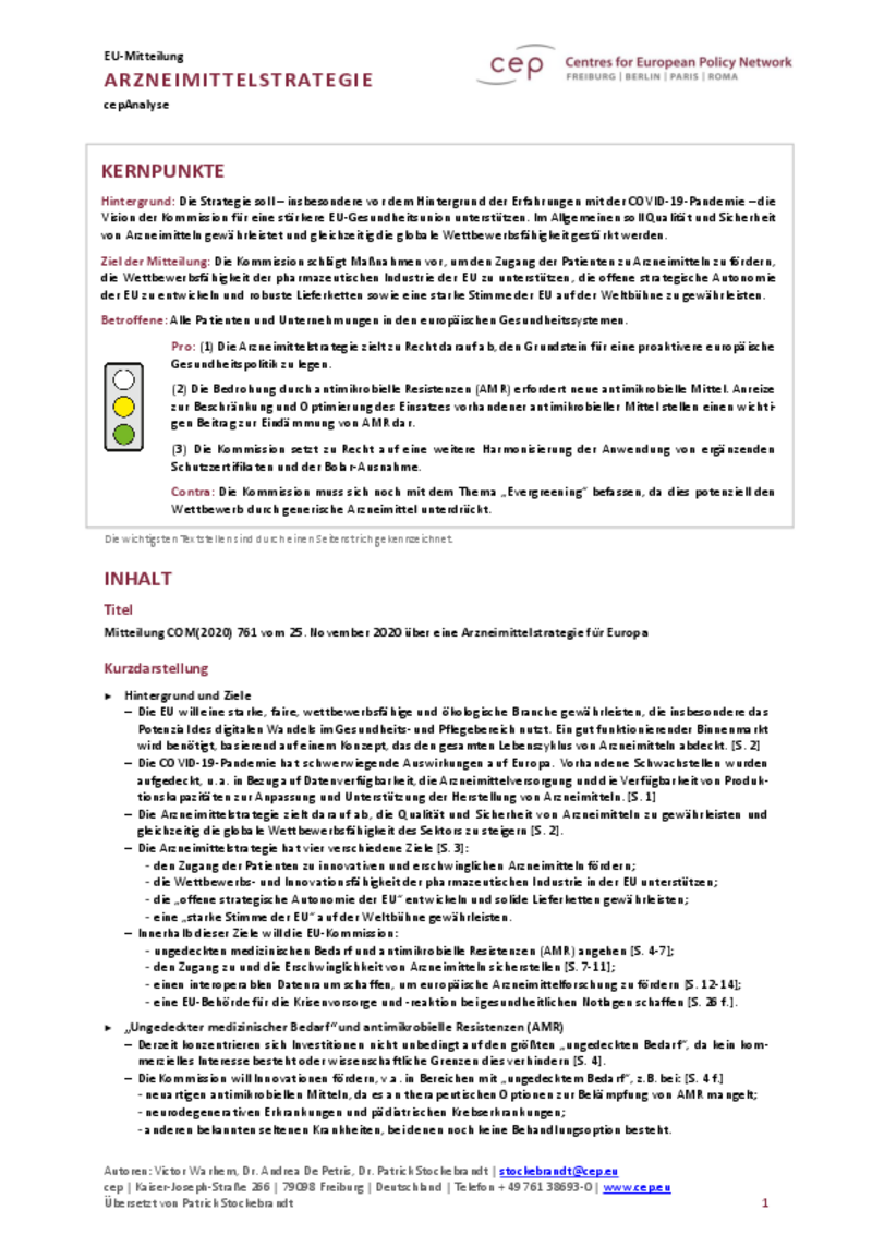 Arzneimittelstrategie für Europa (cepAnalyse COM2020_761)