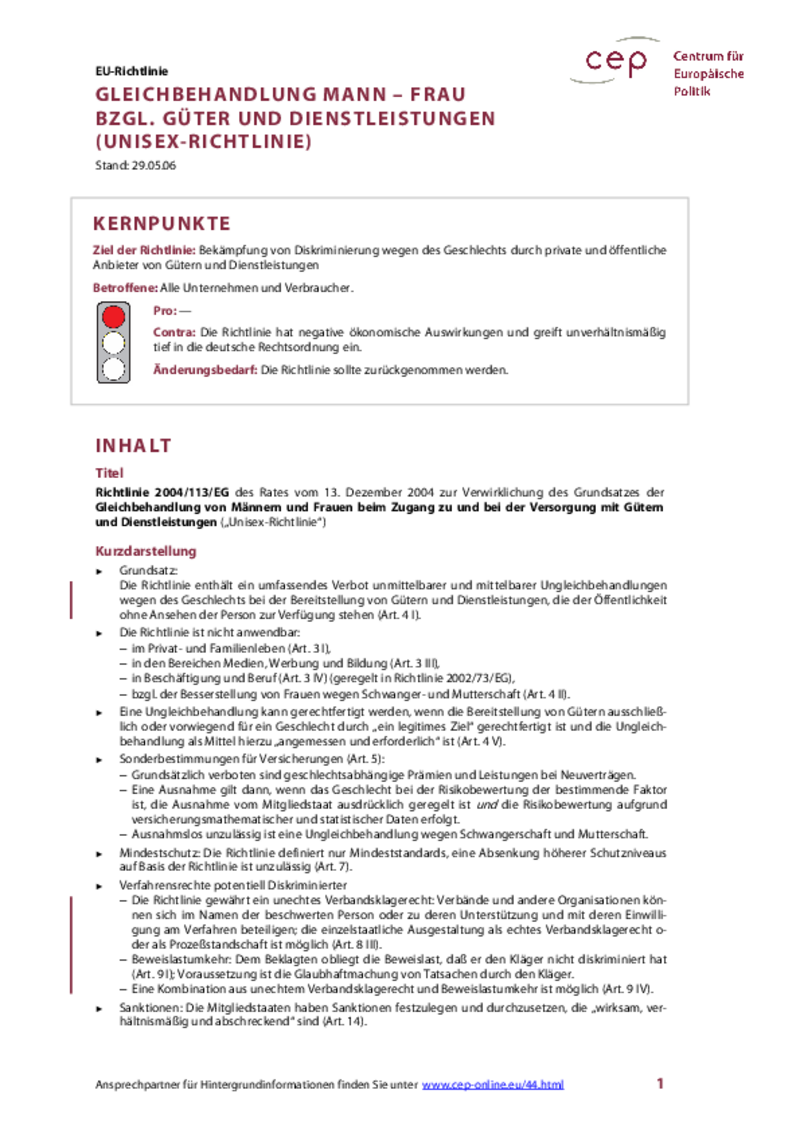 Unisex-Richtlinie 2004/113/EG