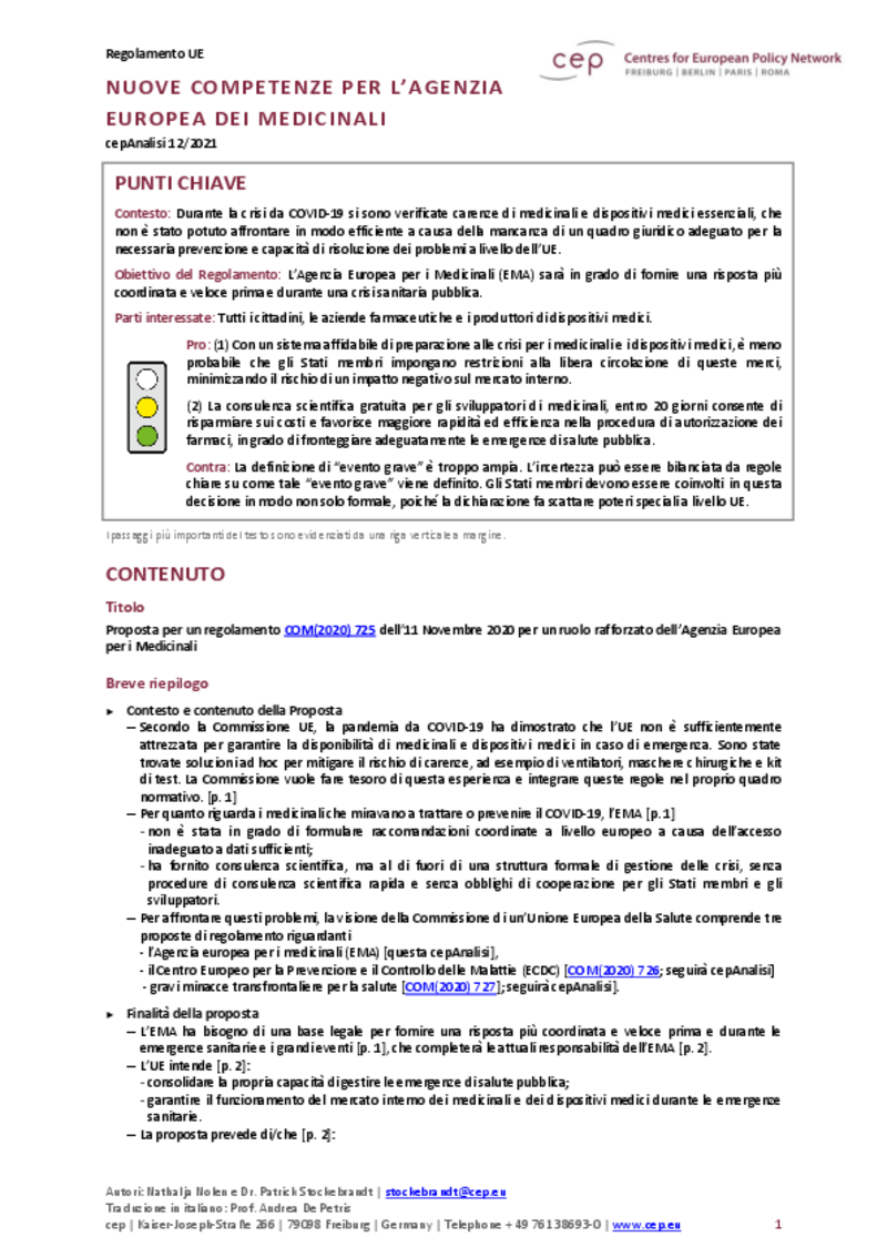 Nuove competenze per l’agenzia europea dei medicinali (cepAnalisi del COM(2020) 725)