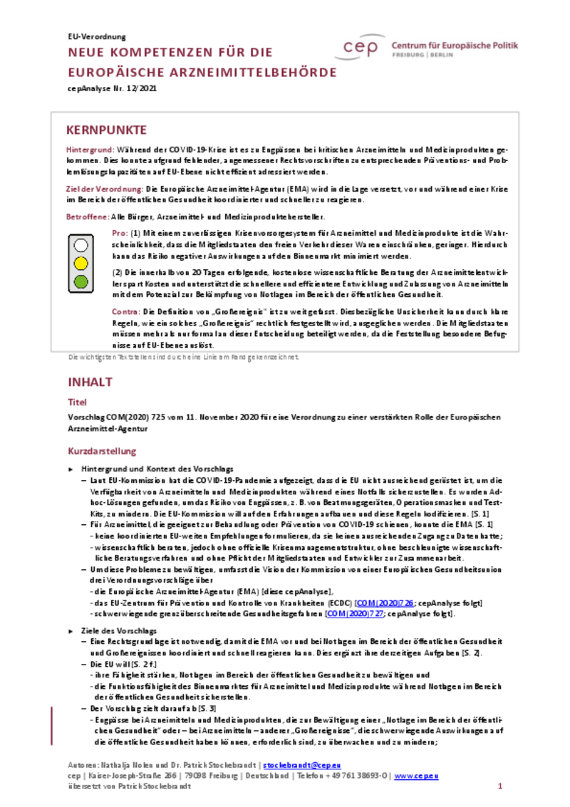 Neue Kompetenzen für die Europäische Arzneimittelbehörde (cepAnalyse zu COM2020_725)