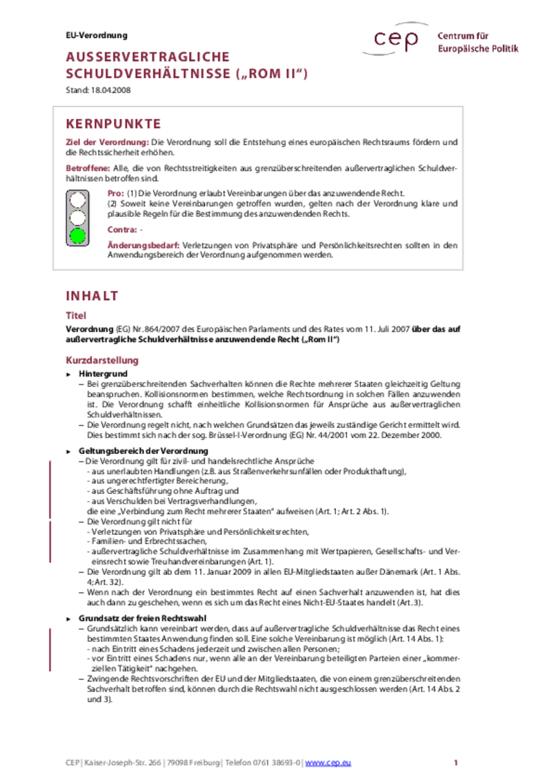 Außervertragliche Schuldverhältnisse Verordnung (EG) Nr. 864/2007