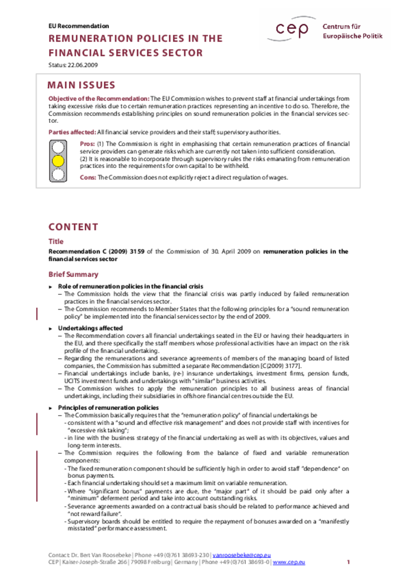 Remuneration Policies in the Financial Service Sector C(2009) 3159