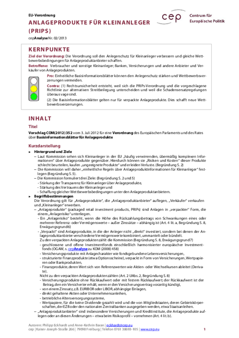 Anlageprodukte für Kleinanleger (PRIPs) COM(2012) 352