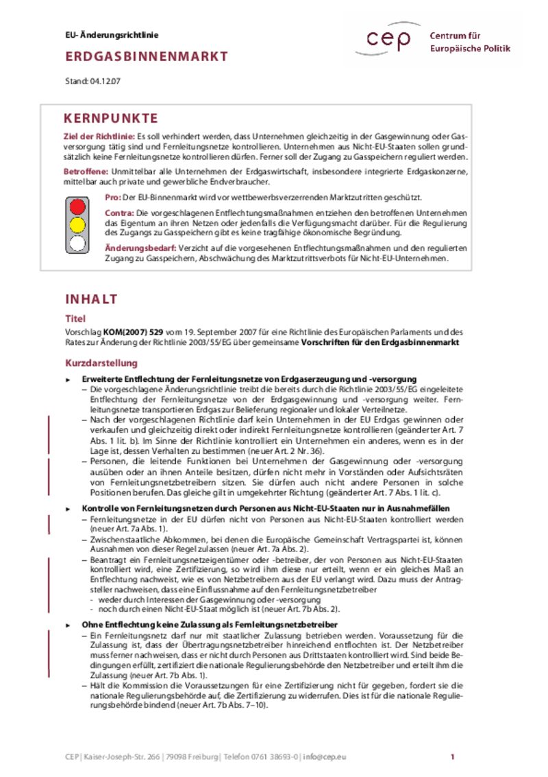 Erdgasbinnenmarkt KOM(2007) 529