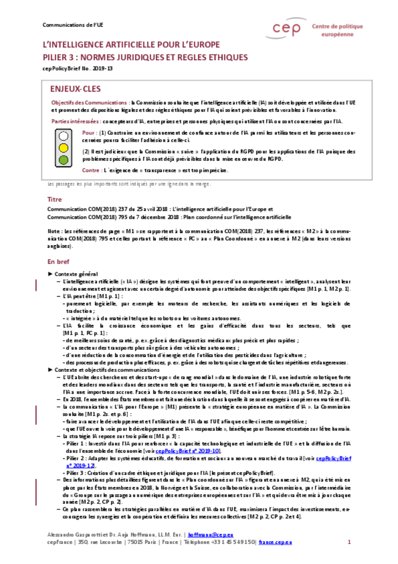 L’intelligence artificielle pour l’Europe Pilier 3 : normes juridiques et règles éthiques