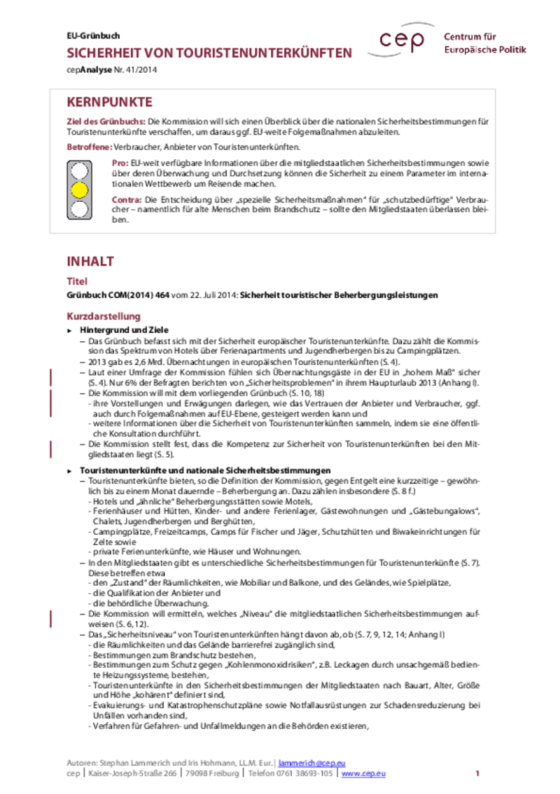 Sicherheit von Touristenunterkünften COM(2014) 464