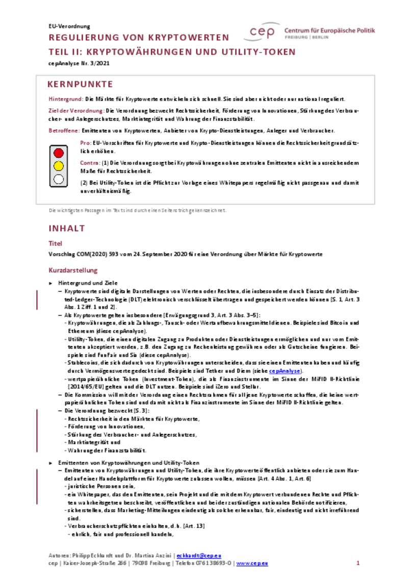 Regulierung von Kryptowerten Teil II: Kryptowährungen und Utility-Token (cepAnalyse zu COM2020_593)