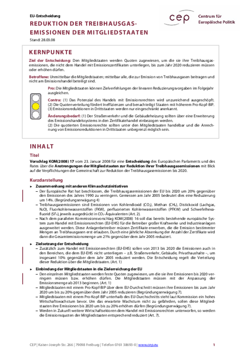 Reduktion der Treibhausgasemissionen der Mitgliedstaaten KOM(2008) 17