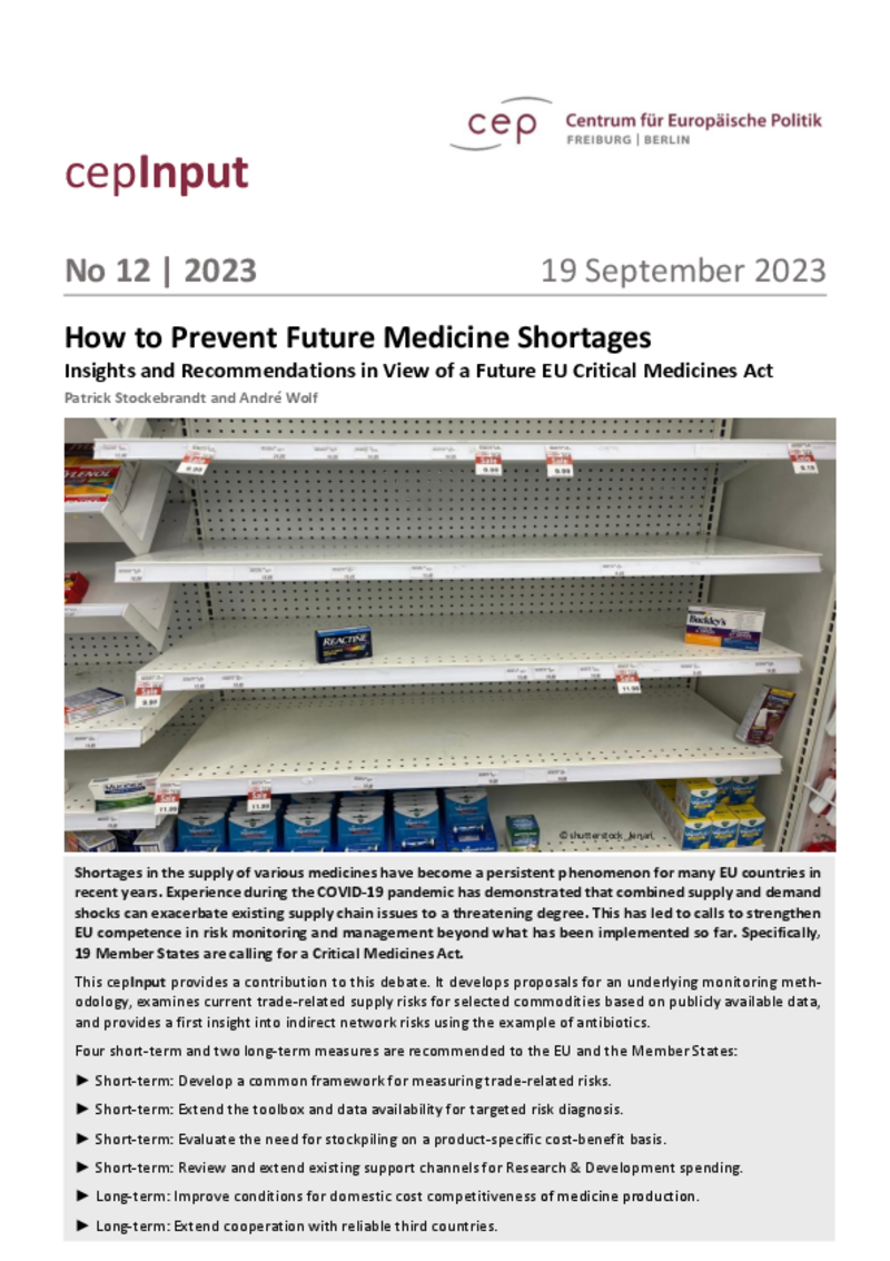 Come prevenire future carenze di medicinali nell’UE (cepInput)