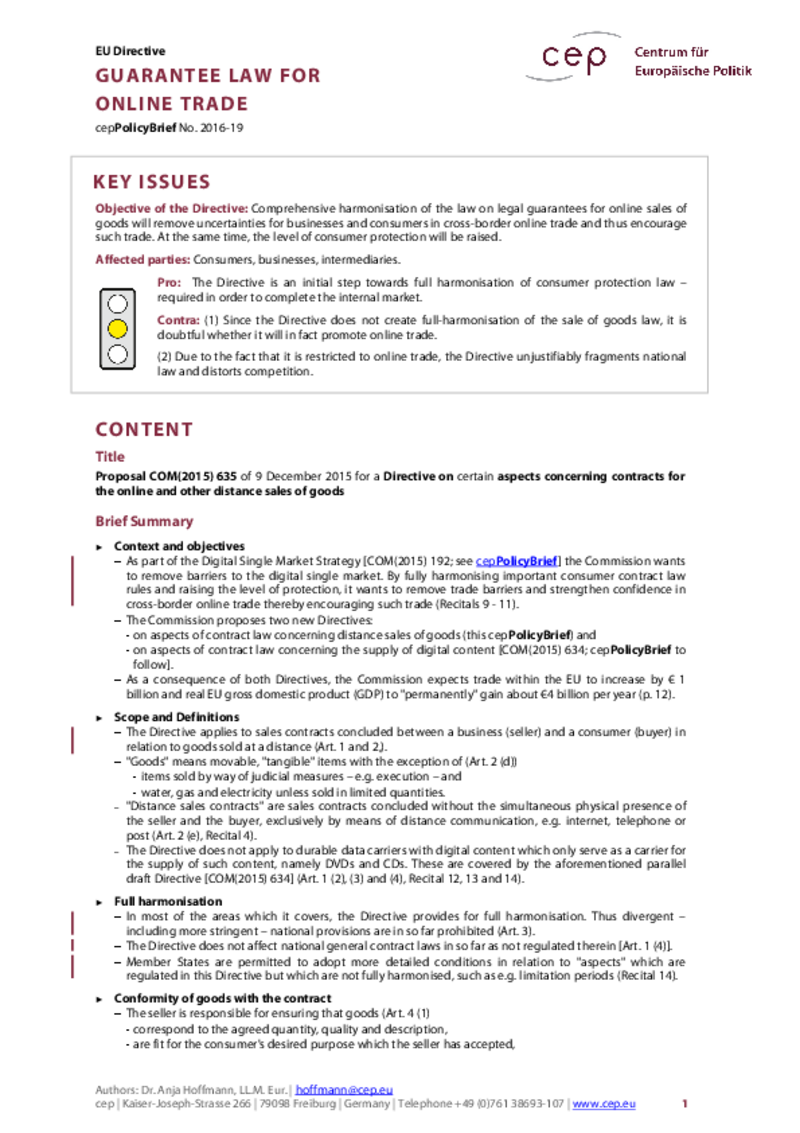 Guarantee law for online trade COM(2015) 635
