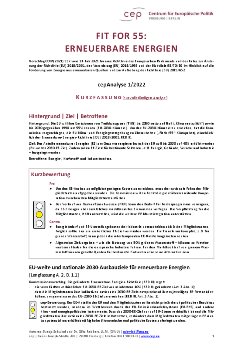 Fit for 55: Erneuerbare Energien (cepAnalyse) Kurzfassung