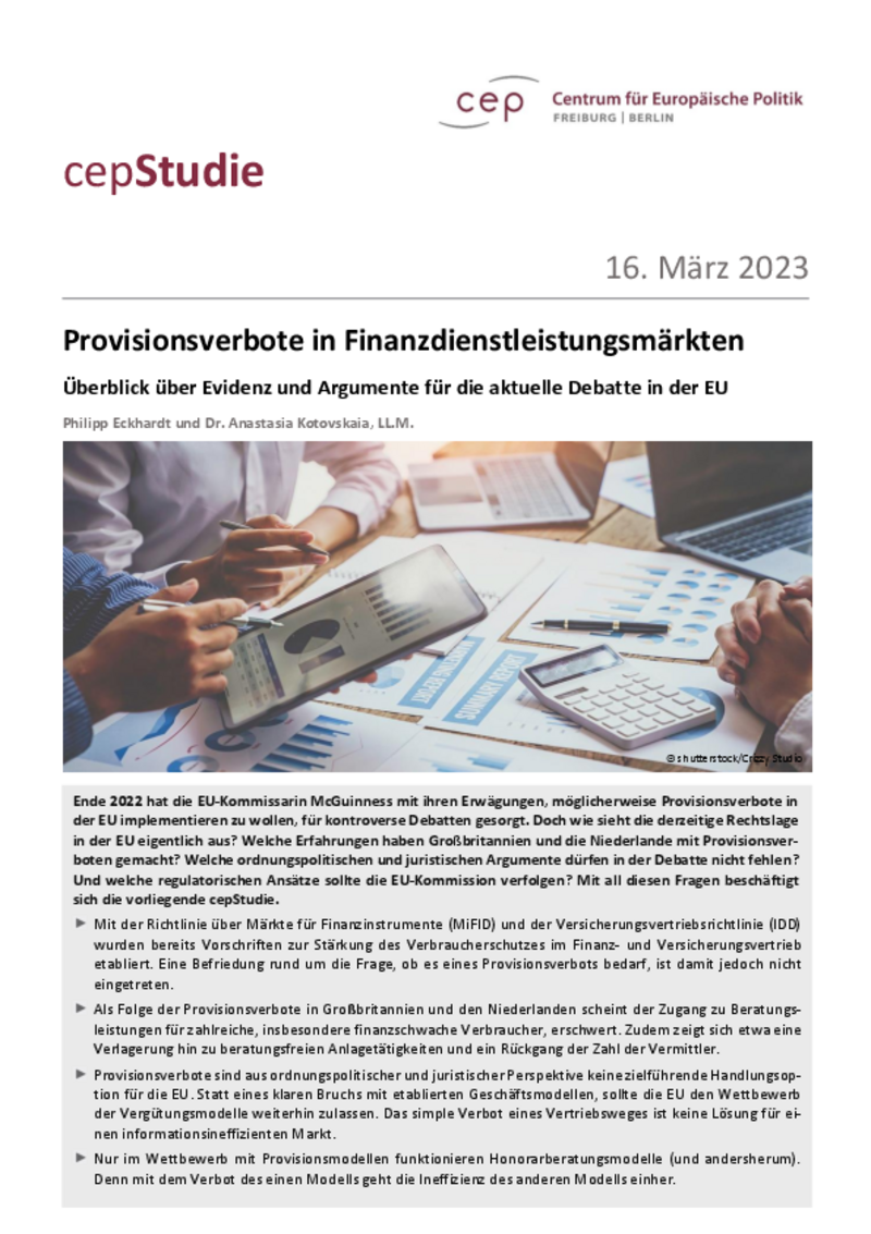 Provisionsverbote in Finanzdienstleistungsmärkten (cepStudie)