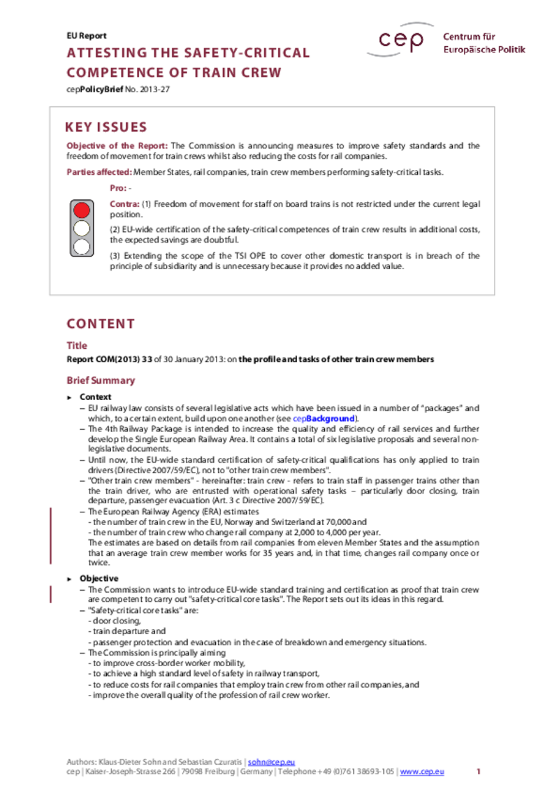 Attesting the safety-critical competences of train crew COM(2013) 33