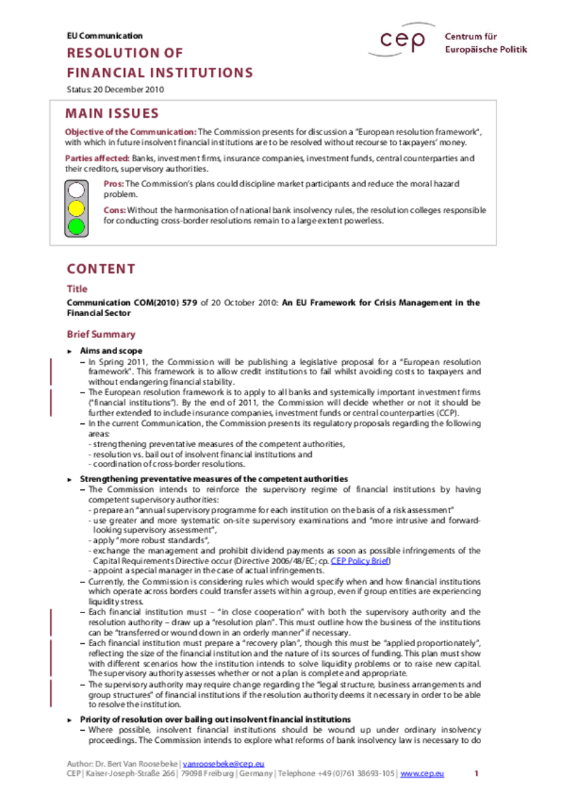 Resolution of Financial Institutions COM(2010) 579