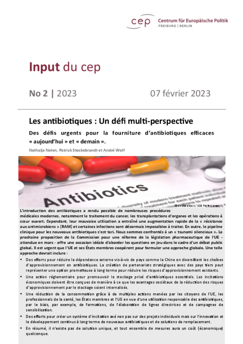 Antibiotiques : le cep Berlin/Fribourg conseille à l'UE et aux États membres d'agir rapidement
