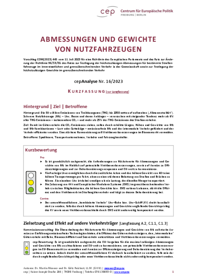 Abmessungen und Gewichte von Nutzfahrzeugen (cepAnalyse Kurzfassung)