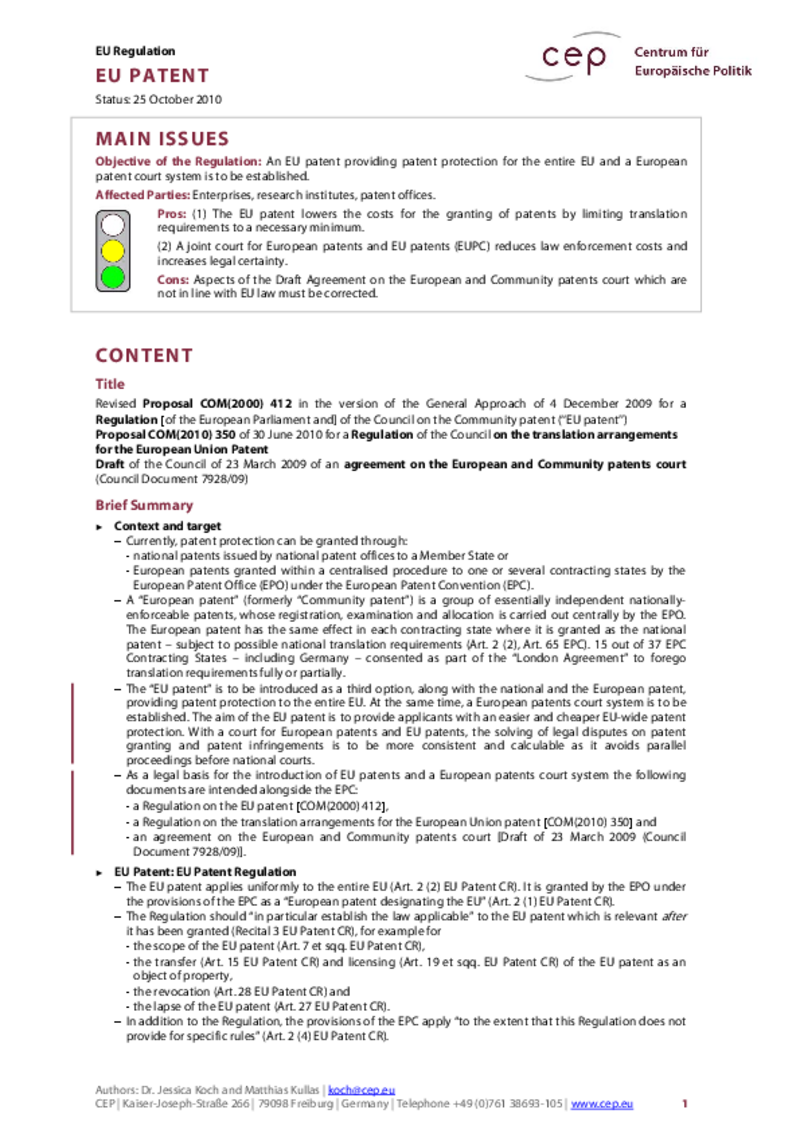 EU Patent COM(2010) 350