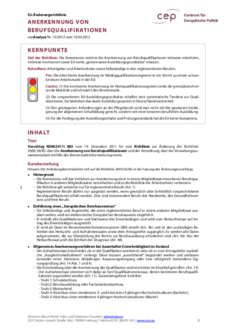 Anerkennung von Berufsqualifikationen KOM(2011) 883