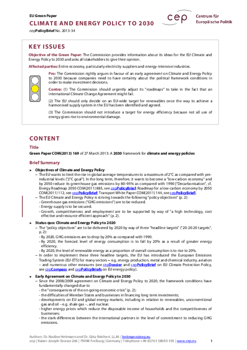 Climate and Energy Policy to 2030 COM(2013) 169