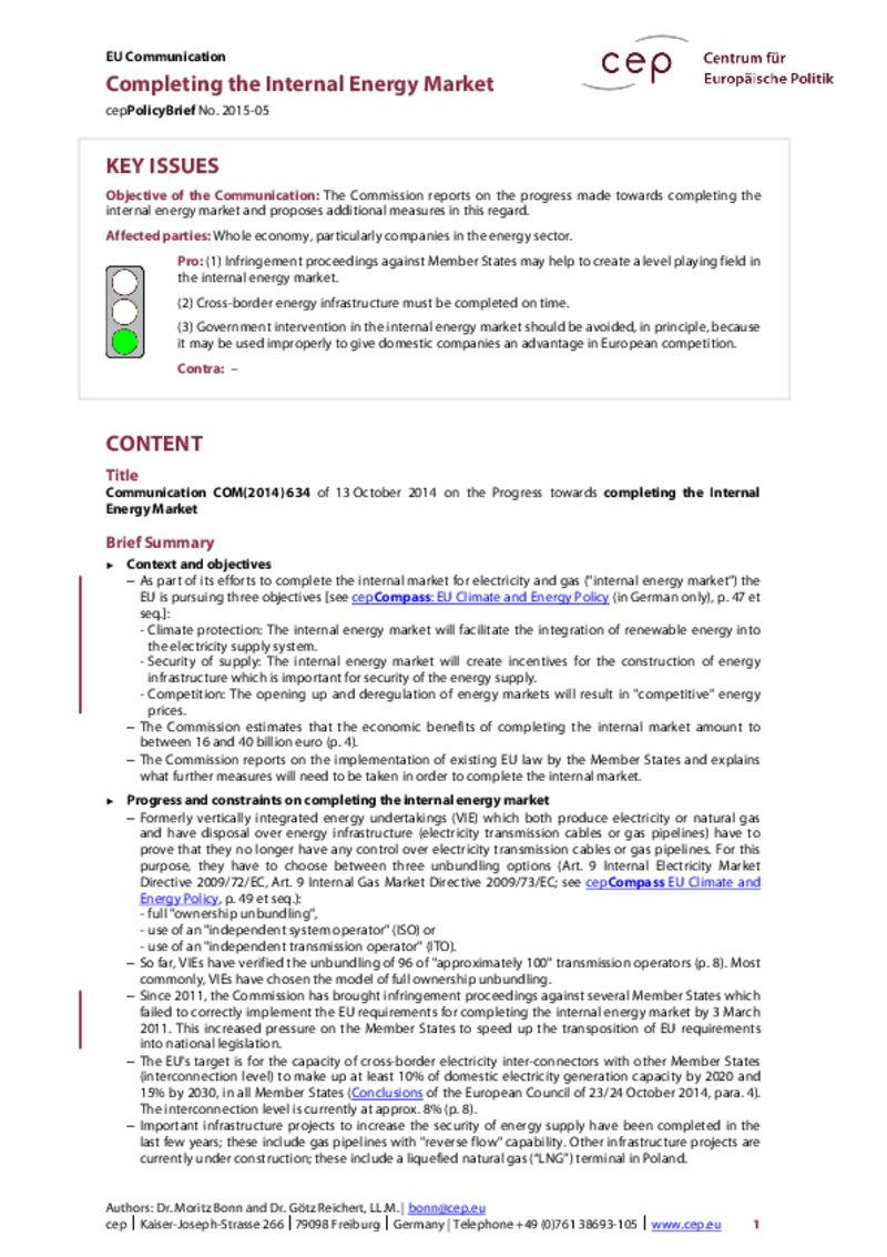 Completing the Internal Energy Market COM(2014)634