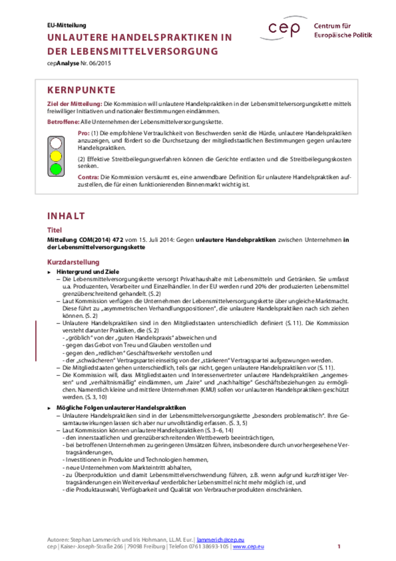 Unlautere Handelspraktiken in der Lebensmittelversorgung COM(2014) 472