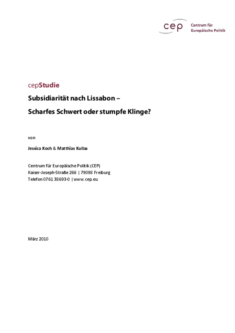 Subsidiarität nach Lissabon - Scharfes Schwert oder stumpfe Klinge?