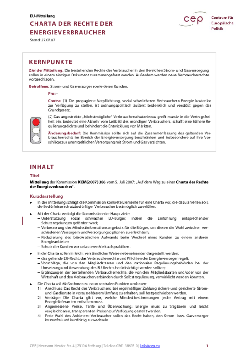 Charta der Rechte der Energieverbraucher KOM(2007) 386