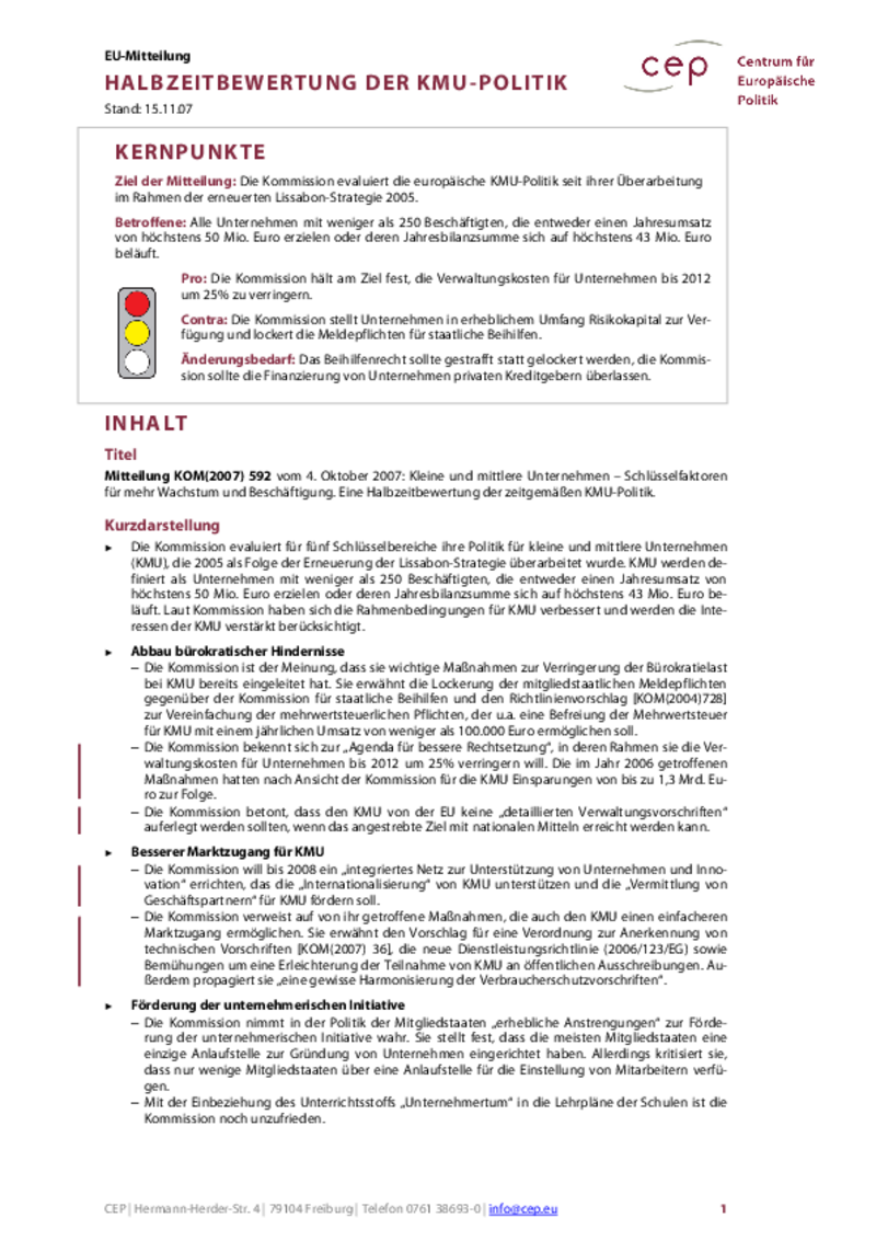 Halbzeitbewertung der KMU-Politik KOM(2007) 592