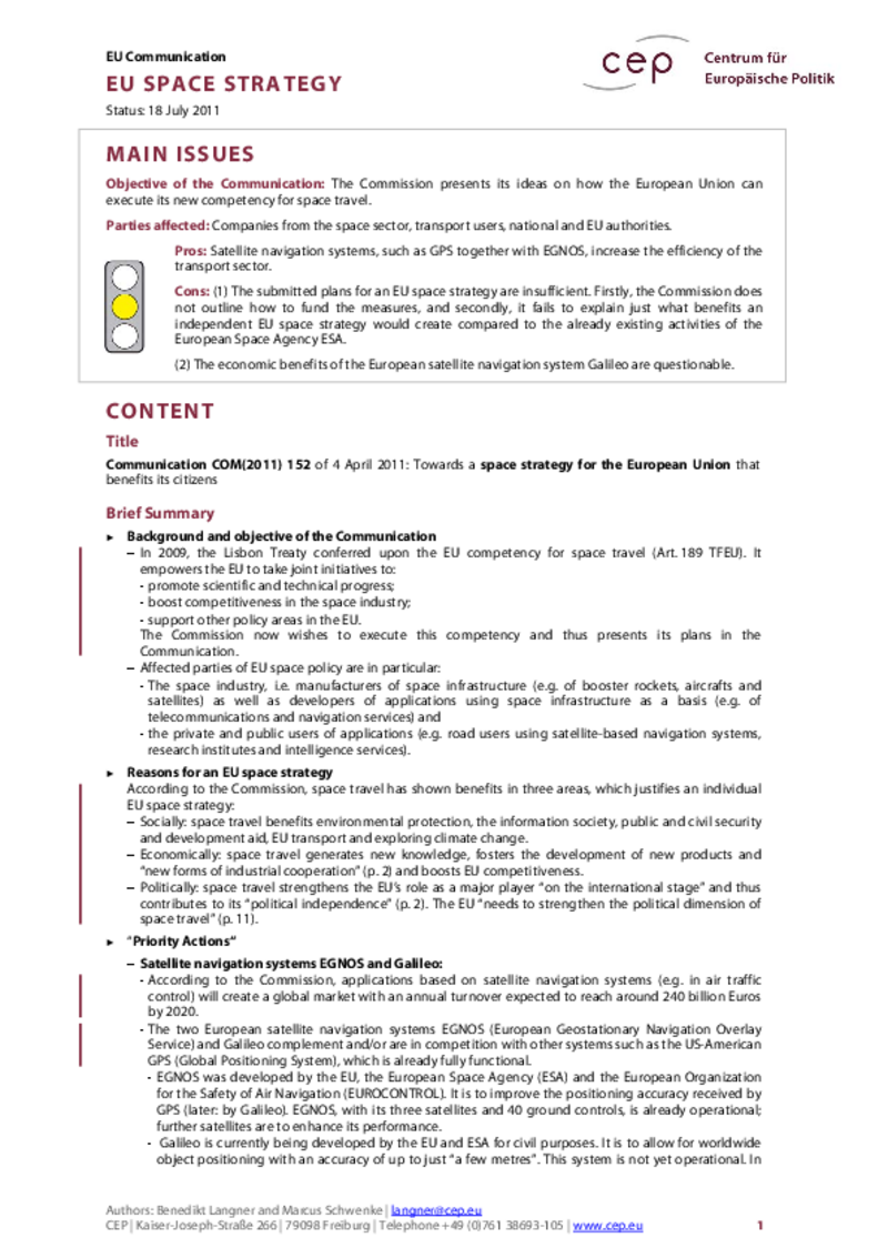 EU Space Strategy COM(2011) 152