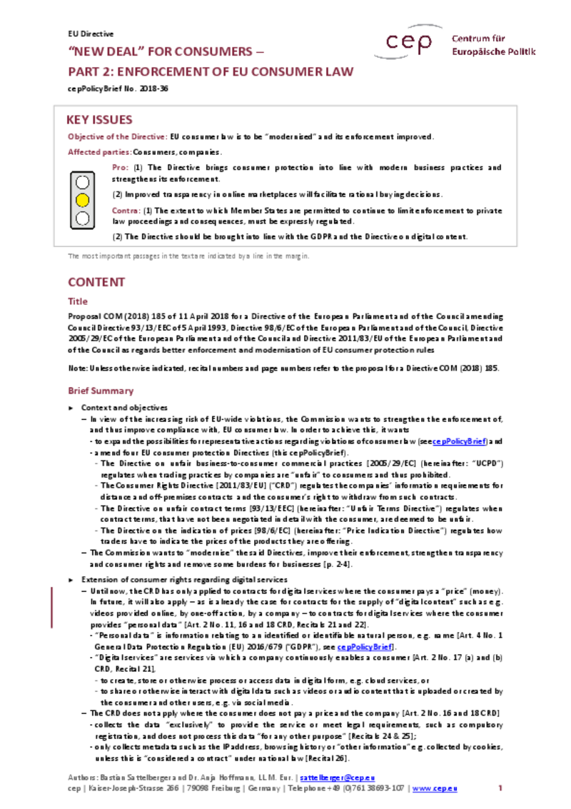 “New Deal” for Consumers – Part 2: EU Consumer Law COM(2018) 185