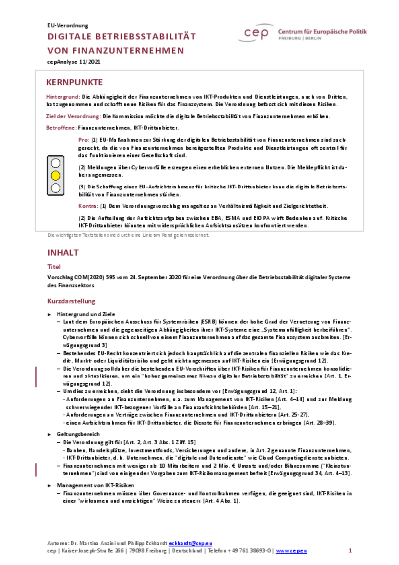 Digitale Betriebsstabilität von Finanzunternehmen (cepAnalyse zu COM2020_595)