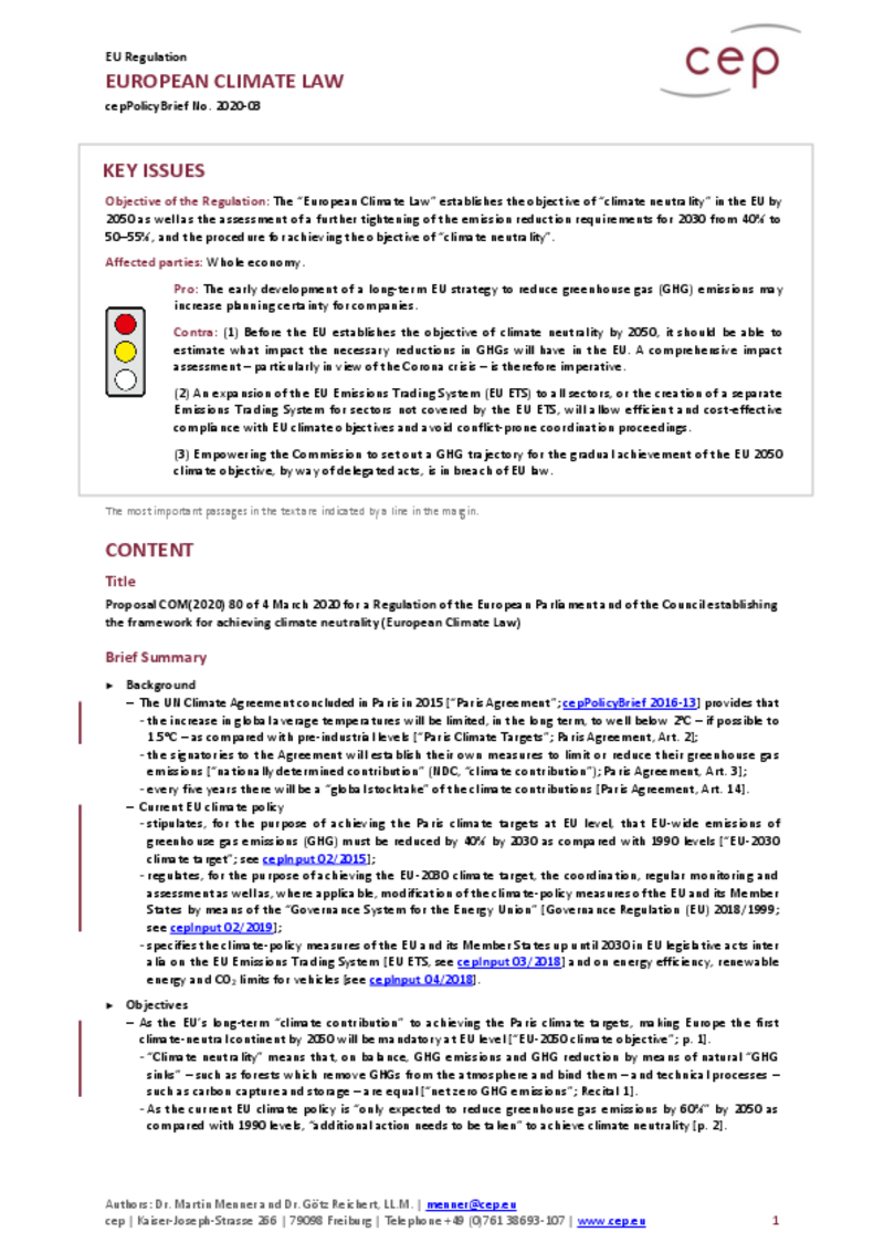European Climate Law (cepPolicyBrief to COM2020_80)