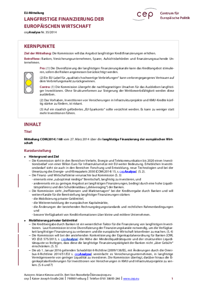 Langfristige Finanzierung der europäischen Wirtschaft COM(2014) 168