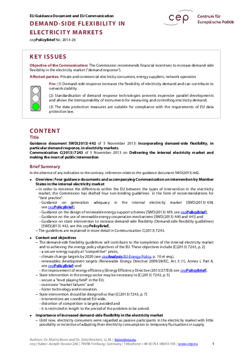 Demand-Side Flexibility in Electricity Markets C(2013) 7243
