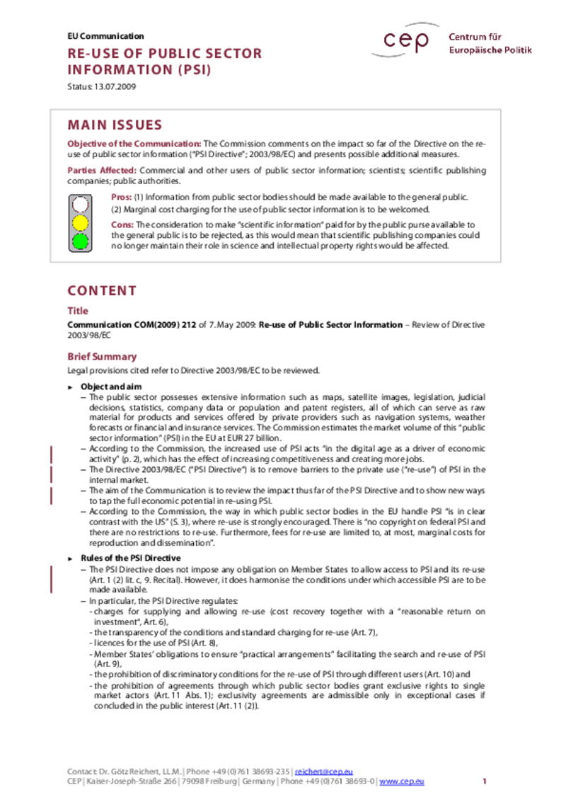 Re-Use of Public Sector Information (PSI) COM(2009) 212