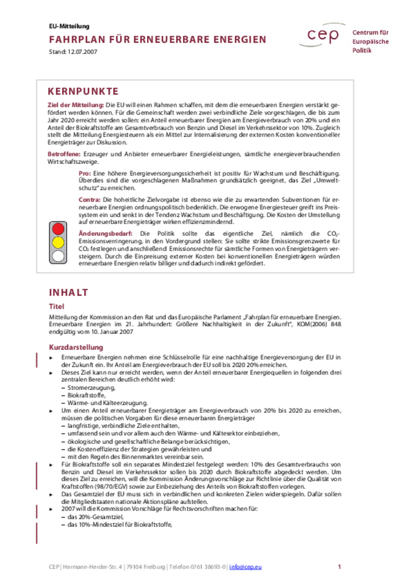 Fahrplan für erneuerbare Energien KOM(2006) 848