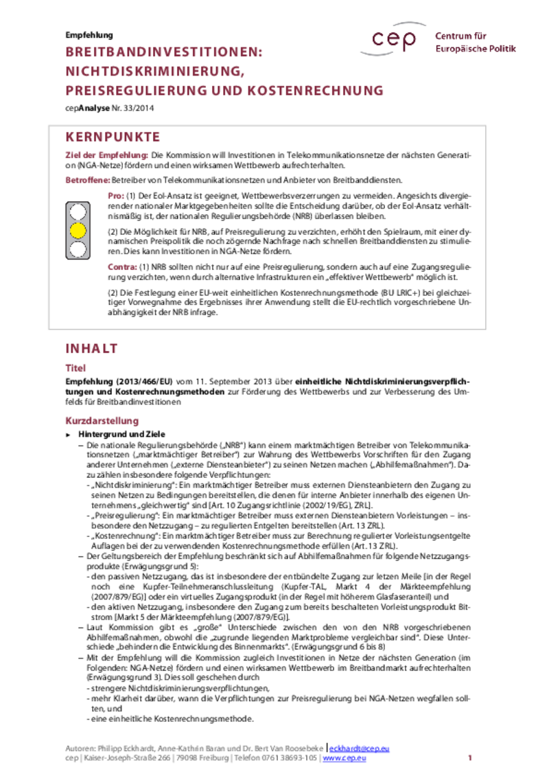 Breitbandinvestitionen: Nichtdiskriminierung, Preisregulierung und Kostenrechnung