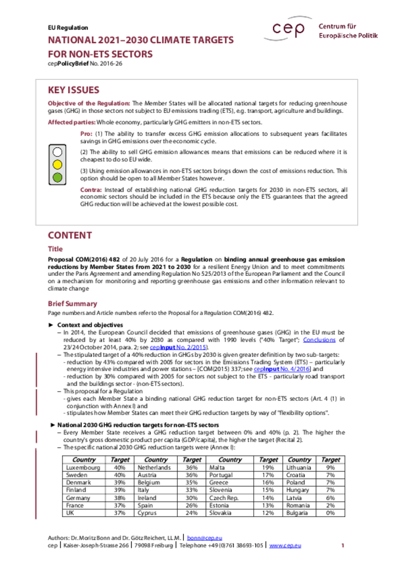 National 2021–2030 climate targets for non-ETS sectors COM(2016) 482