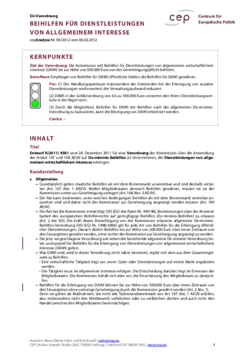 Beihilfen für Dienstleistungen von allgemeinem Interesse K(2011) 9381